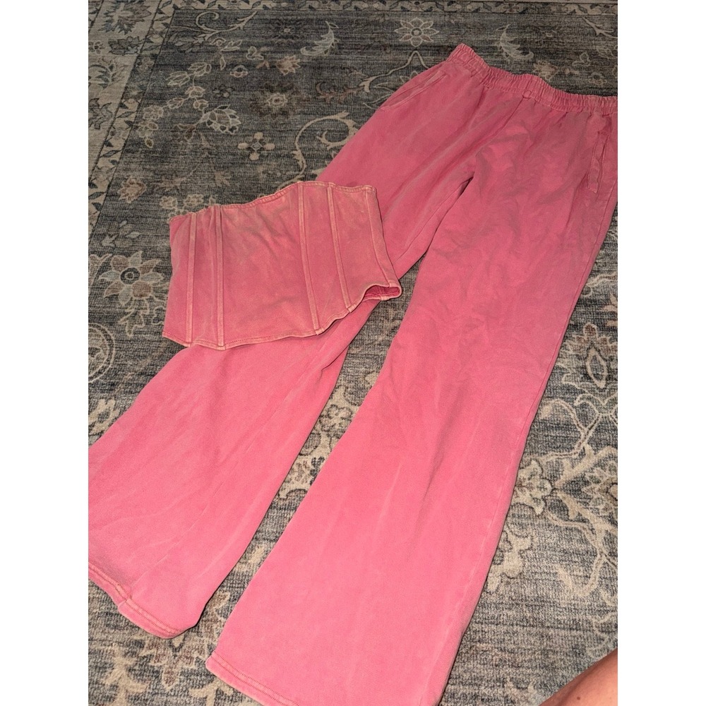Nichole Lynel Two Piece Lounge Set Corset Sweatpants Coral Pink Flare Pants